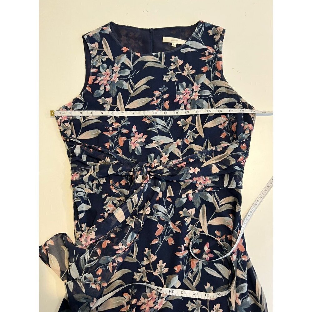 Atelier Women’s Navy Blue Floral Fit Flare Sleeveless Dress Sash Belt Size 12 - Picture 5 of 7
